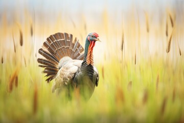 lone turkey boasting tail feathers, meadow scene