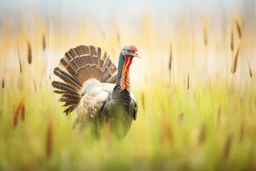 Foto op Canvas lone turkey boasting tail feathers, meadow scene © primopiano