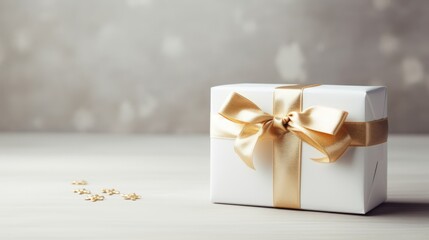 A white gift box with a gold bow.