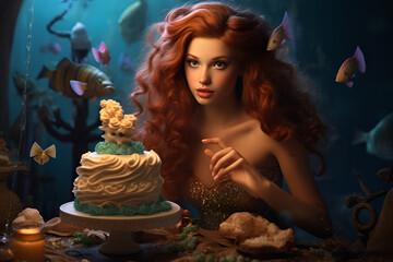 Obraz na płótnie Canvas The beautiful young redhead mermaid makes a tasty cake