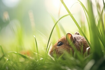 vole tail disappearing into grass - obrazy, fototapety, plakaty