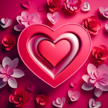 3D illustration of nested hearts with floral accents on a pink background, ideal for Valentine's Day or romantic themes.