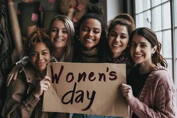 Fotobehang Diverse group of happy smiling women holding a sign with written words Women's day for International women's day or IWD which happen on March 8 © Keitma