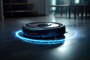 Robot vacuum cleaner, glowing rays, artificial intelligence. AI generative. - obrazy, fototapety, plakaty