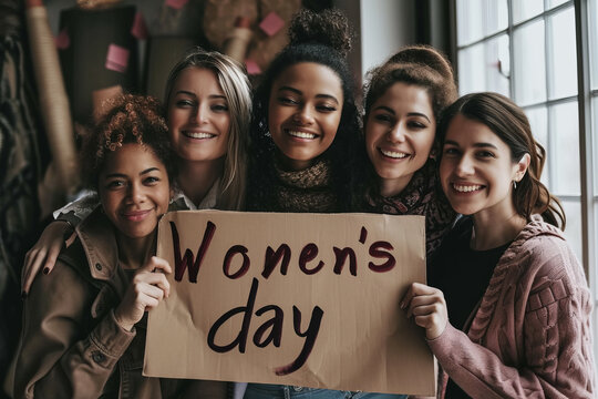 Diverse group of happy smiling women holding a sign with written words Women's day for International women's day or IWD which happen on March 8