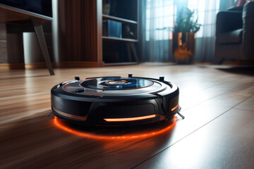 Robot vacuum cleaner glowing, on a wooden floor. AI generative.