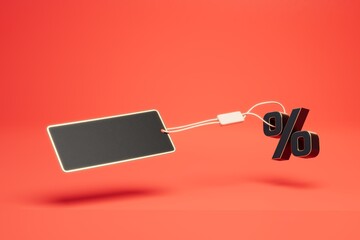 price tag for cope space and percent icon on red background. big sale concept. 3d render. illustration