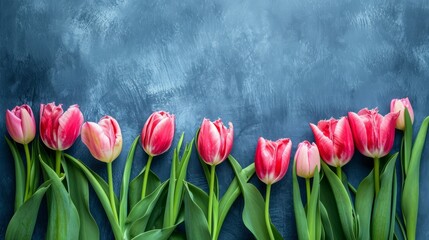 Pink tulips flowers on old blue background, with space for text. summer background. flat lay. copy space