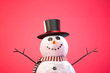 smiling snowman in hat and scarf on red background. 3d render. illustration