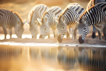 Rolgordijnen zebras drinking at a sunlit waterhole © primopiano