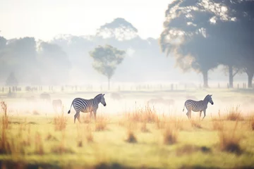 Rolgordijnen morning mist surrounding zebras in a field © primopiano