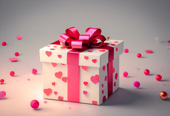 Gift box with pink ribbon and heart pattern surrounded by confetti on a light background.