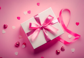 Gift box with pink ribbon and scattered hearts on a pink background, symbolizing love, Valentine's Day, or romantic celebration.