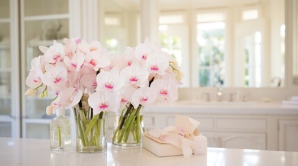 In a contemporary and luxurious home, the bathroom boasts a stylish counter with a sink, embellished by stunning flowers.