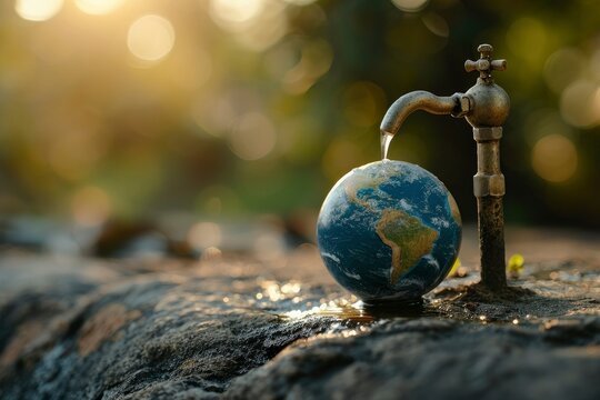 Earth with water tap. World water day, World earth day and Environment day concept