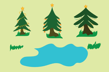 illustration of pond and christmas tree