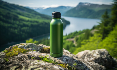 Reusable Green Water Bottle on a Rock in a Natural Mountain Setting, Symbolizing Eco-Friendly...