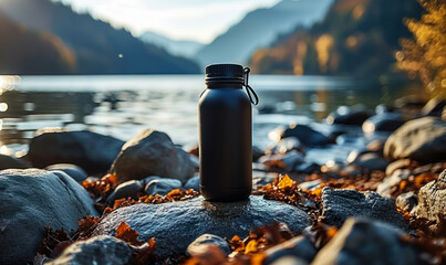 Matte Black Reusable Thermo Water Bottle on a Rocky Shore, Sustainable Drinkware in an Outdoor Lake Setting, Eco-Friendly Concept - obrazy, fototapety, plakaty