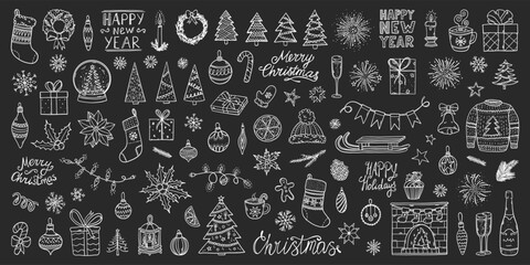 Christmas doodles set. New Year doodle. Christmas symbols simple sketch. Winter holiday doodles with christmas trees, snowflakes, presents. New Year padge badges.