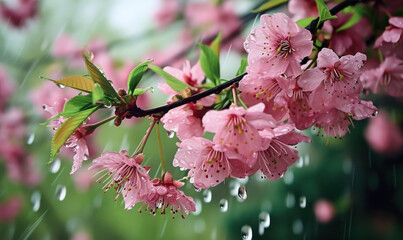 Cherry blossoms gently swaying on a rainy spring day, with droplets cascading among the pink petals, embodying the serene beauty of nature in bloom