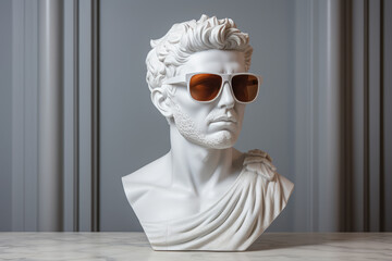 Busto de hombre griego o romano antiguo con gafas de sol modernas.