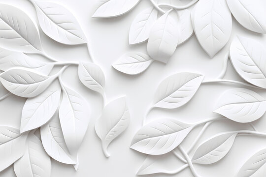 Decoraci&oacute;n de hojas y flores esculpidas en piedra blanca, ilustraci&oacute;n de modelado 3D.