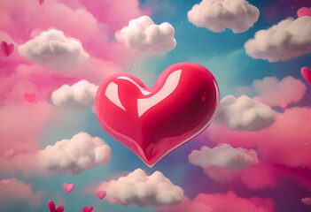 Fototapeta premium 3D illustration of a shiny red heart floating among clouds with a dreamy pink and blue sky background, symbolizing love and romance.