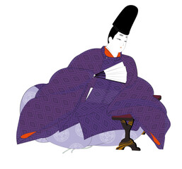 日本の貴族の古典衣裳.夏の直衣姿で脇息に 凭れ掛かる 男性。平安時代イメージイラスト - obrazy, fototapety, plakaty