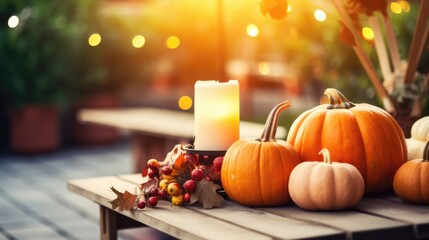 Obraz na płótnie Canvas Outdoors Thanksgiving table setting pumpkins and candles Autumn home.