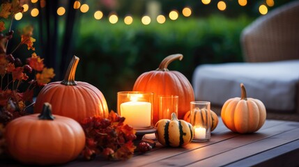 Outdoors Thanksgiving table setting pumpkins and candles Autumn home.