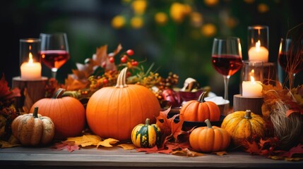 Outdoors Thanksgiving table setting pumpkins and candles Autumn home.