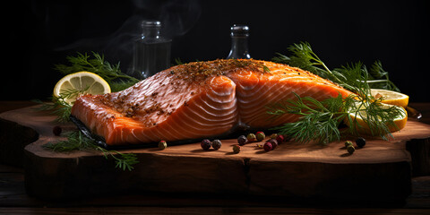 Smoked Salmon with Herbs and Spices on Black Background  .Grilled fillet of salmon steak with lemon and herb seasoning  .