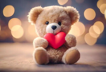A plush teddy bear holding a red heart, with a soft-focus background, conveying warmth and affection. Ideal for Valentine's Day themes.