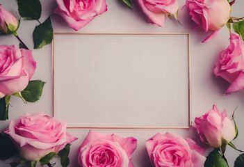 Elegant floral frame with pink roses on a pastel background, perfect for wedding invitations or greeting cards.
