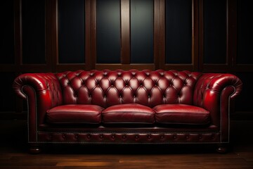 Luxurious Red Leather Sofa Against a Dark Background 