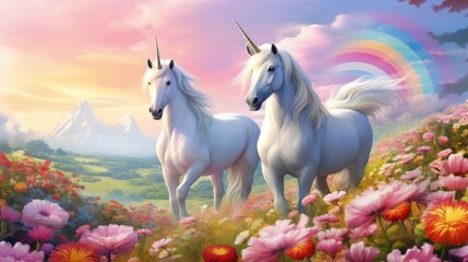 Obraz na płótnie Canvas Illustration of couple majestic unicorns in colorful vibrant field flowers. AI generated image