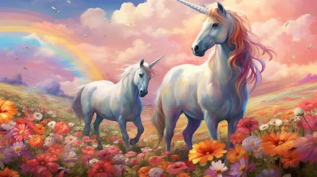 Illustration of couple majestic unicorns in colorful vibrant field flowers. AI generated image