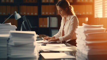 Businesswoman hands working in Stacks of paper files for searching information on work desk in office, business report papers - obrazy, fototapety, plakaty