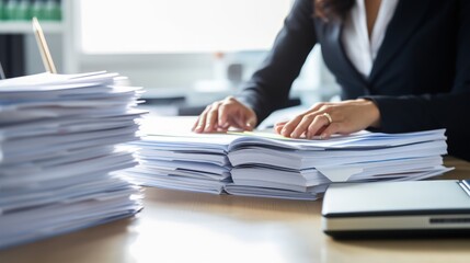 Businesswoman hands working in Stacks of paper files for searching information on work desk in office, business report papers