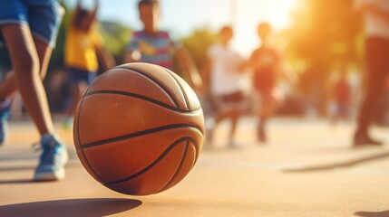 Children playing basketball on the court, closeup on ball