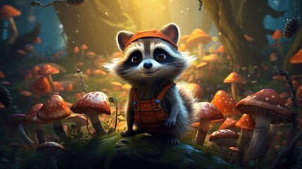 A Cute Little Raccoon on fantasy style a Magical forest. AI generated image - obrazy, fototapety, plakaty