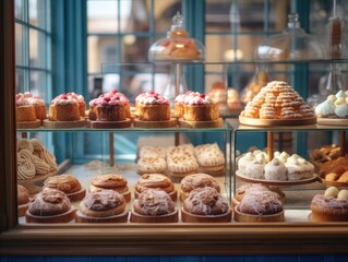 A bakery display case with various pastries. Generative AI.