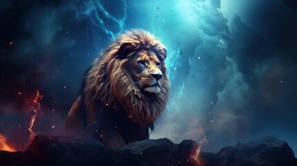 3d rendering a wild Lion on the night forest isolated abstract dramatic background.AI generated - obrazy, fototapety, plakaty