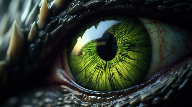 Closeup dragon green eye wild reptile animal. AI generated image