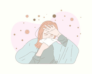 A girl with a fever and runny nose. Spread of disease, virus, infection. Season of illnesses. Self-treatment at home.