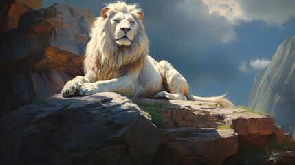 A big white Lion wild animal lie down on the rock with nature sunlight background. AI generated - obrazy, fototapety, plakaty