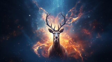 Epic deer animal fantasy in dramatic background. AI generated image - obrazy, fototapety, plakaty