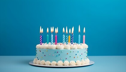 birthday cake with many birthday candles on a blue background