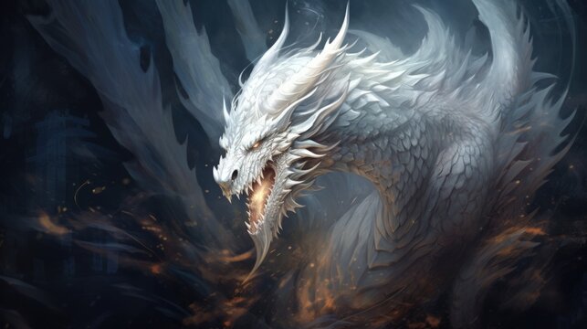 White dragon animal mythology illustration on dark fantasy background. AI generated image