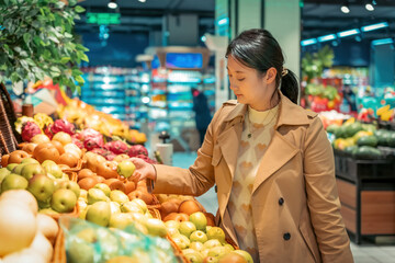 Young Asian woman shopping in supermarket, picking fresh organic vegetables and fruits